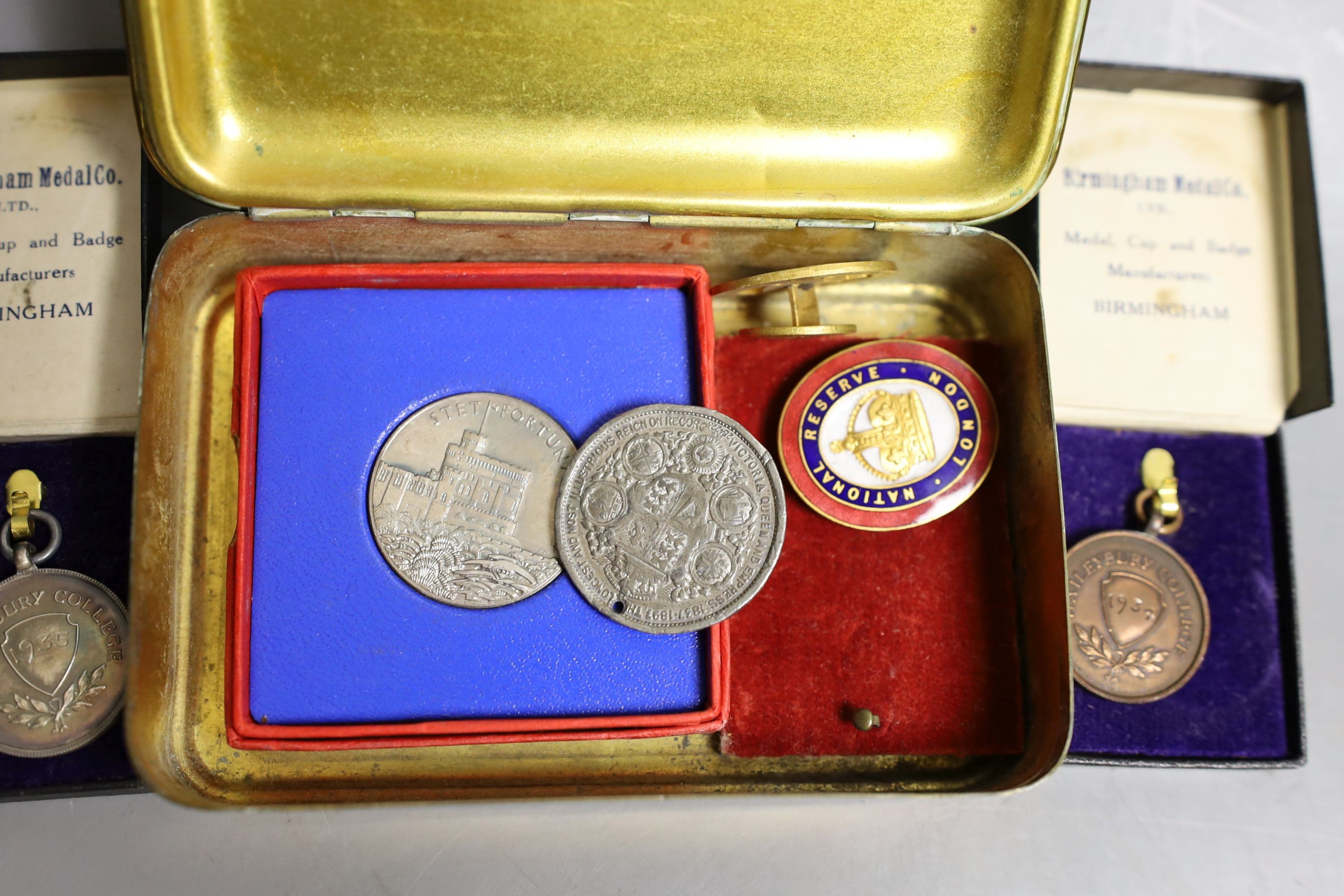 A WWI Queen Mary Christmas box, two National reserve London enamelled badges and two college medals to G. Lovegrove